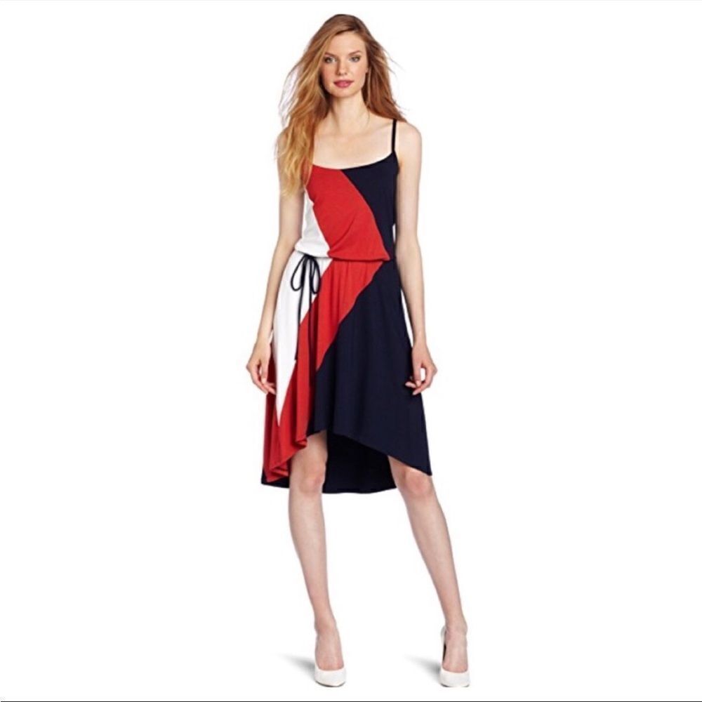 Three Dots Red, White, and Blue Color Block Hi Lo Dress size S